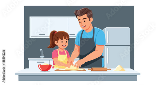 Vector illustration of a dad and daughter cooking together in the kitchen, showing teamwork, learning life skills, and happy family bonding in flat vector style