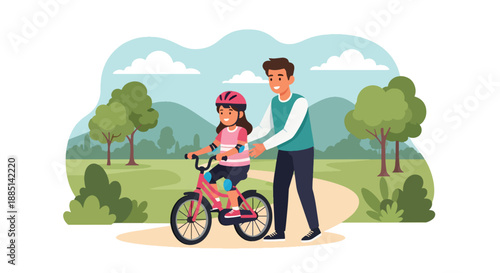 Vector illustration of a father teaching his daughter to ride a bicycle in a park, representing outdoor bonding, encouragement, and joyful family moments in flat vector style