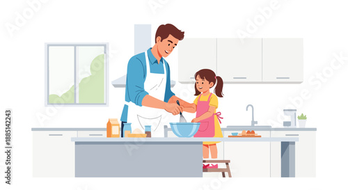 Vector illustration of a dad and daughter cooking together in the kitchen, showing teamwork, learning life skills, and happy family bonding in flat vector style