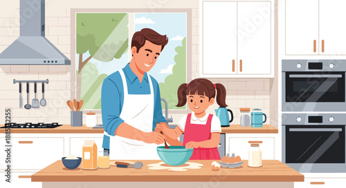 Vector illustration of a dad and daughter cooking together in the kitchen, showing teamwork, learning life skills, and happy family bonding in flat vector style