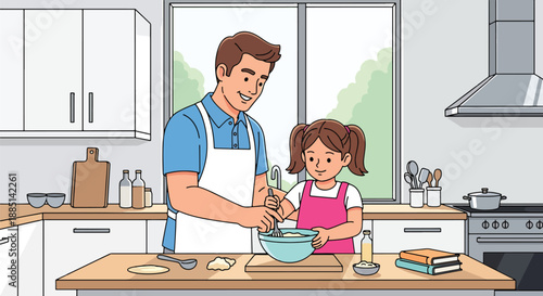 Vector illustration of a dad and daughter cooking together in the kitchen, showing teamwork, learning life skills, and happy family bonding in flat vector style
