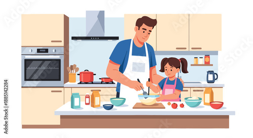 Vector illustration of a dad and daughter cooking together in the kitchen, showing teamwork, learning life skills, and happy family bonding in flat vector style
