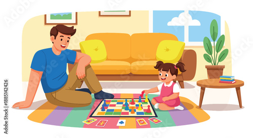 Vector illustration of a father playing board games with his daughter at home, expressing fun family time, bonding, and positive leisure moments in flat vector style
