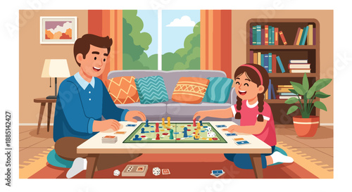 Vector illustration of a father playing board games with his daughter at home, expressing fun family time, bonding, and positive leisure moments in flat vector style