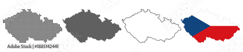 Czech Republic map set with dotted solid outline and flag style vector illustration