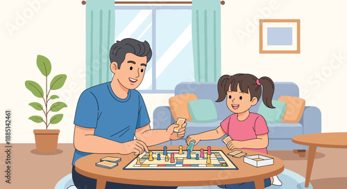 Vector illustration of a father playing board games with his daughter at home, expressing fun family time, bonding, and positive leisure moments in flat vector style