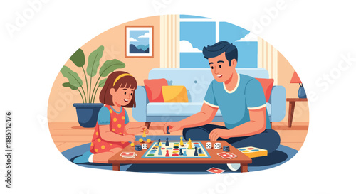 Vector illustration of a father playing board games with his daughter at home, expressing fun family time, bonding, and positive leisure moments in flat vector style