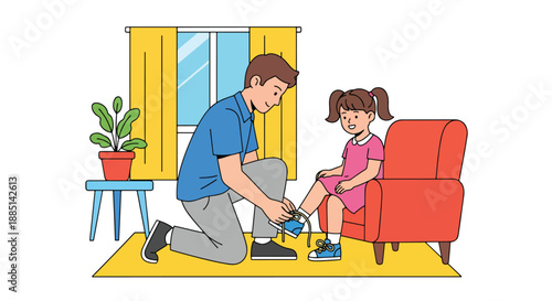 Vector illustration of a father helping his daughter tie her shoelaces, highlighting learning life skills and supportive parenting in a clean flat vector scene