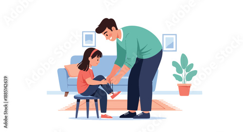 Vector illustration of a father helping his daughter tie her shoelaces, highlighting learning life skills and supportive parenting in a clean flat vector scene