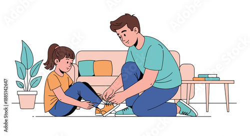 Vector illustration of a father helping his daughter tie her shoelaces, highlighting learning life skills and supportive parenting in a clean flat vector scene
