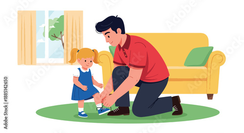 Vector illustration of a father helping his daughter tie her shoelaces, highlighting learning life skills and supportive parenting in a clean flat vector scene
