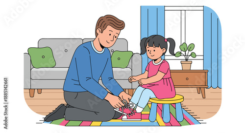 Vector illustration of a father helping his daughter tie her shoelaces, highlighting learning life skills and supportive parenting in a clean flat vector scene