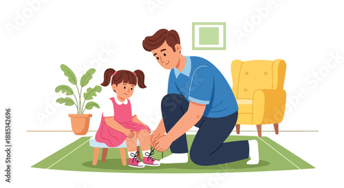 Vector illustration of a father helping his daughter tie her shoelaces, highlighting learning life skills and supportive parenting in a clean flat vector scene