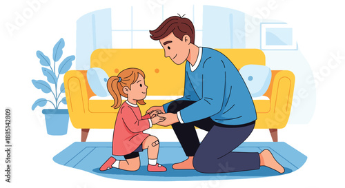Vector illustration of a dad comforting his daughter after a minor fall, showing emotional support, care, and strong family connection in flat vector art