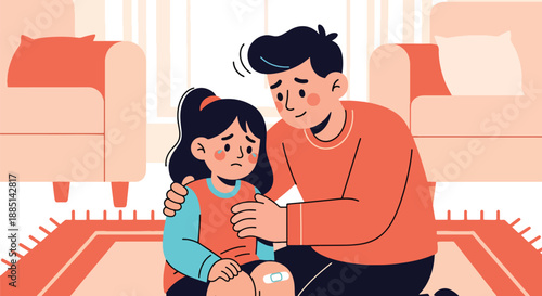 Vector illustration of a dad comforting his daughter after a minor fall, showing emotional support, care, and strong family connection in flat vector art