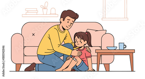 Vector illustration of a dad comforting his daughter after a minor fall, showing emotional support, care, and strong family connection in flat vector art