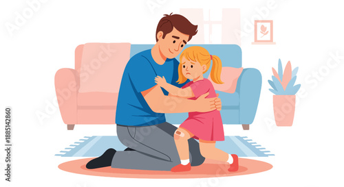 Vector illustration of a dad comforting his daughter after a minor fall, showing emotional support, care, and strong family connection in flat vector art