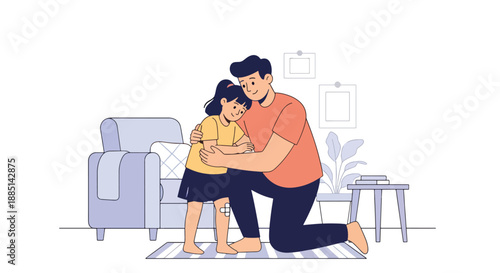 Vector illustration of a dad comforting his daughter after a minor fall, showing emotional support, care, and strong family connection in flat vector art