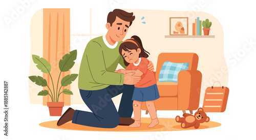 Vector illustration of a dad comforting his daughter after a minor fall, showing emotional support, care, and strong family connection in flat vector art