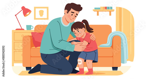Vector illustration of a dad comforting his daughter after a minor fall, showing emotional support, care, and strong family connection in flat vector art