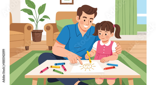 Vector illustration of a father teaching his daughter how to draw with crayons, expressing creativity, encouragement, and joyful bonding in flat vector style