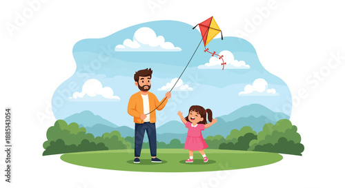 Vector illustration of a dad and daughter flying a kite together, capturing outdoor joy, freedom, and cheerful family bonding in flat vector illustration style