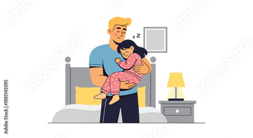 Vector illustration of a dad carrying his sleepy daughter, expressing tenderness, protection, and loving family care in a calm flat vector scene