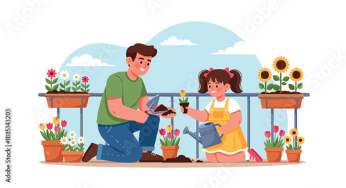 Vector illustration of a dad and daughter planting flowers together, symbolizing eco-friendly values, care for nature, and family bonding in flat vector style