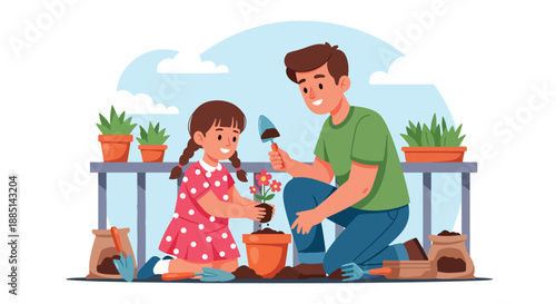 Vector illustration of a dad and daughter planting flowers together, symbolizing eco-friendly values, care for nature, and family bonding in flat vector style