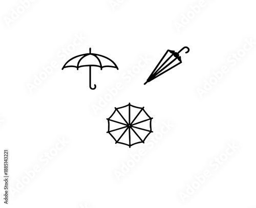 Umbrella line art icons set with open parasol and folded rain protection accessory outlines in black and white