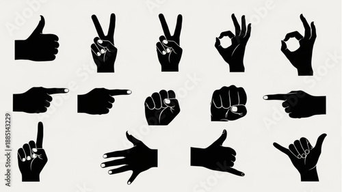Collection of Hand Gestures Silhouettes Isolated on White Background.