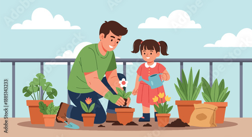 Vector illustration of a dad and daughter planting flowers together, symbolizing eco-friendly values, care for nature, and family bonding in flat vector style
