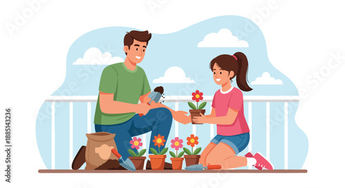 Vector illustration of a dad and daughter planting flowers together, symbolizing eco-friendly values, care for nature, and family bonding in flat vector style