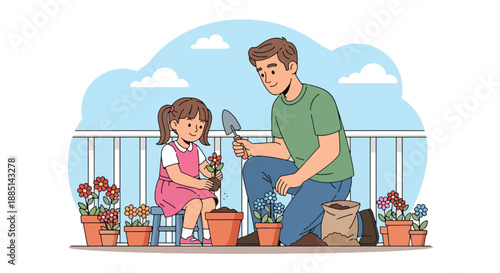 Vector illustration of a dad and daughter planting flowers together, symbolizing eco-friendly values, care for nature, and family bonding in flat vector style