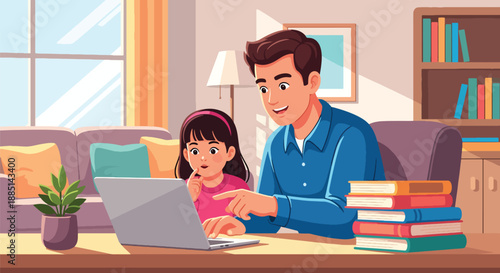 Vector illustration of a dad guiding his daughter during online learning, representing modern education, digital parenting, and family support in flat vector style