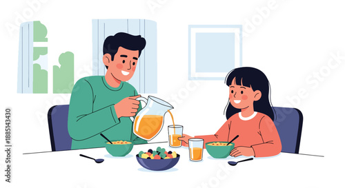 Vector illustration of a father and daughter enjoying breakfast together, highlighting healthy lifestyle, care, and positive family bonding in flat vector art
