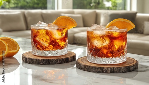 Two crystal glasses hold iced cocktails garnished with fresh orange slices. Use for ads, articles about summer drinks, or entertaining guests.