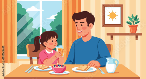 Vector illustration of a father and daughter enjoying breakfast together, highlighting healthy lifestyle, care, and positive family bonding in flat vector art