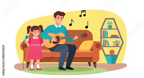 Vector illustration of a dad helping his daughter practice singing or music, expressing creativity, encouragement, and joyful family bonding in flat vector style