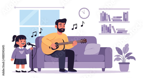 Vector illustration of a dad helping his daughter practice singing or music, expressing creativity, encouragement, and joyful family bonding in flat vector style