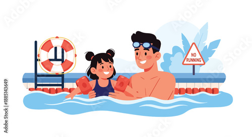 Vector illustration of a dad teaching his daughter to swim, highlighting safety, encouragement, and active family bonding in flat vector illustration style