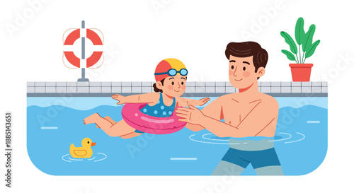 Vector illustration of a dad teaching his daughter to swim, highlighting safety, encouragement, and active family bonding in flat vector illustration style