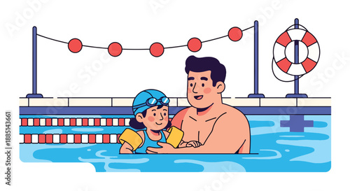 Vector illustration of a dad teaching his daughter to swim, highlighting safety, encouragement, and active family bonding in flat vector illustration style