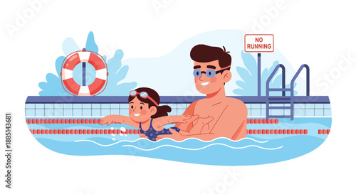 Vector illustration of a dad teaching his daughter to swim, highlighting safety, encouragement, and active family bonding in flat vector illustration style