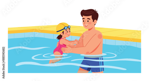 Vector illustration of a dad teaching his daughter to swim, highlighting safety, encouragement, and active family bonding in flat vector illustration style