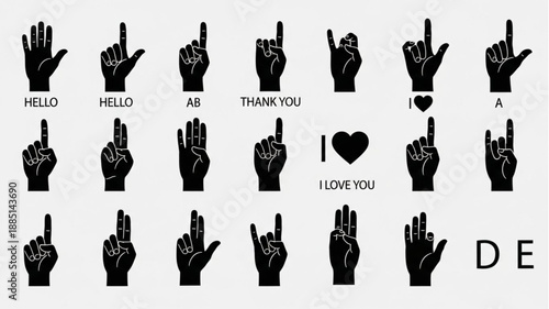 Collection of American Sign Language ASL hand gestures alphabet letters and phrases.