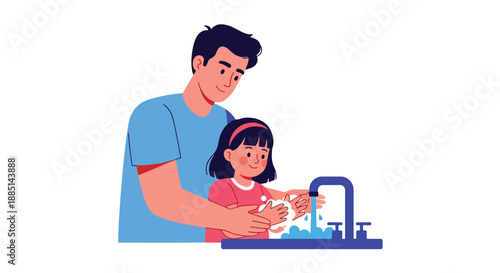 Vector illustration of a father teaching his daughter to wash hands properly, promoting hygiene awareness and healthy family habits in flat vector style
