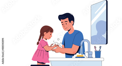 Vector illustration of a father teaching his daughter to wash hands properly, promoting hygiene awareness and healthy family habits in flat vector style