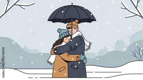 Couple embracing under umbrella in snowfall winter romance and cozy relationship concept flat vector illustration