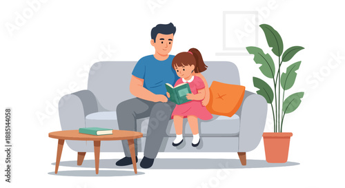 Vector illustration of a dad and daughter relaxing together on a sofa, showing peaceful family bonding and warm everyday life in flat modern vector art